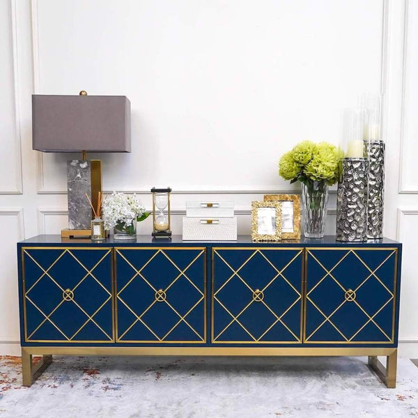 Valentino Modern Cabinet Sideboard Collection in Blue and Gold in Modern Vintage Living Room Home Design with Entrance Decor.