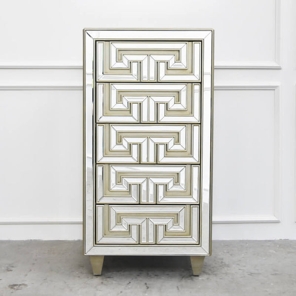 Venetian 5-Drawer Mirrored Dresser – A detailed view of the mirrored finish and geometric design, showcasing its vintage-inspired charm and Hollywood glamour.