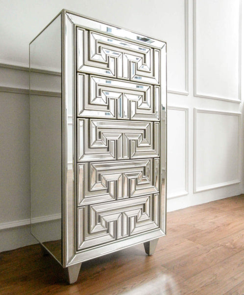 Venetian Mirrored Dresser in Bedroom Setting – A stylish mirrored dresser placed against a bedroom wall, complementing a luxurious and modern interior.