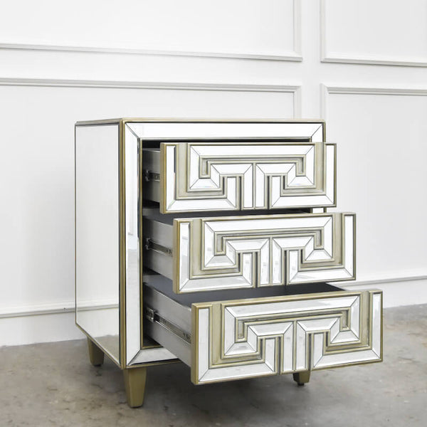 Spacious Storage of Venetian 3-Drawer Nightstand– Open drawers revealing ample storage space, perfect for organizing essentials while maintaining a glamorous and clutter-free look.