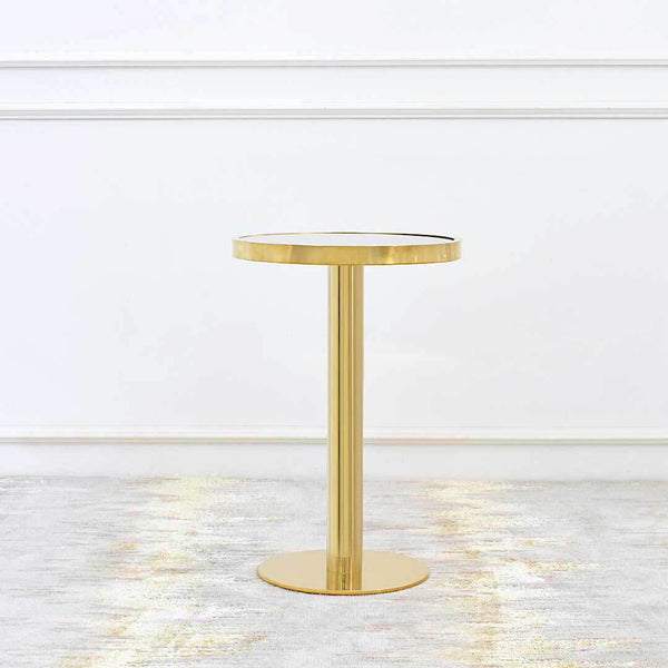 Vis-a-vis Polished Gold Petite Side Table sits on a pedestal round gold base for a luxurious small living room. Small round mirrored table top is inset polished gold rim in stainless steel.