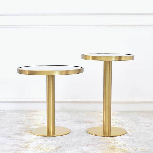Vis-a-vis Brushed Gold Coffee Table joins Side Table Collection for a timeless luxury look for a modern home design. The collection comes in two sizes for a timeless staggered design at Finn Avenue Online Furniture Store.