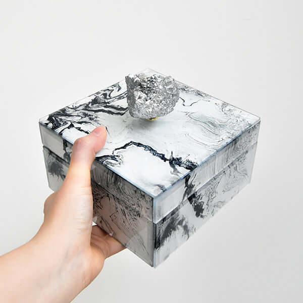 Jewelry Box - White Marbled Glass with Natural Stone in Silver.