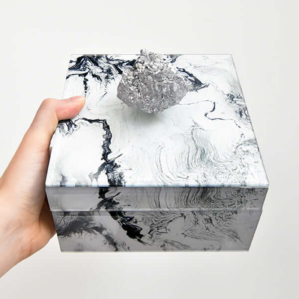 Perfect Gift - Jewelry Box - White Marbled Glass with Natural Stone in White.
