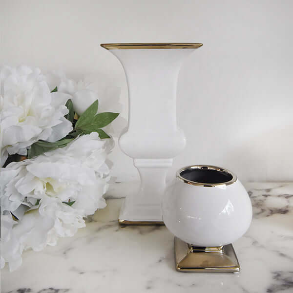 Decorate with Vases & Flowers - Decor Inspirations with Mauro Urn-Shaped White Vase in Silver Trim & Bell-Shaped Vase.