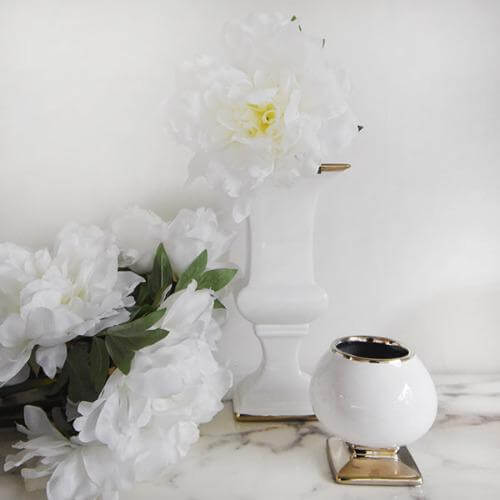 Vases & Flowers Decor Inspirations with Mauro Urn-Shaped White Vase in Silver Trim & Bell-Shaped Vase.