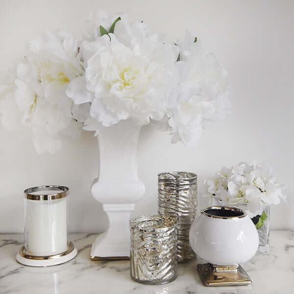 Vases & Flowers Decor Inspirations with Mauro Urn-Shaped White Vase in Silver Trim.