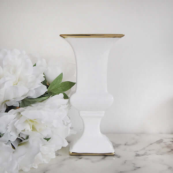 Mauro vase, urn-shaped, ceramic, Metallic-lined white structural vase.
