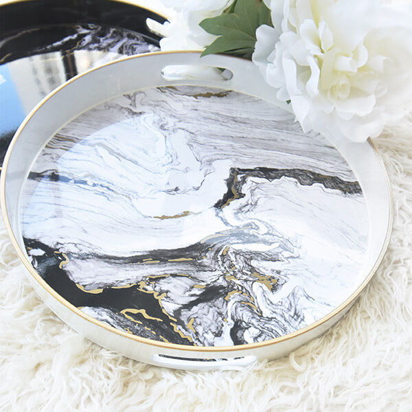Zeus Marbled Tray in Round Shape and White Gold Design that is perfect for Coffee Table Decor.