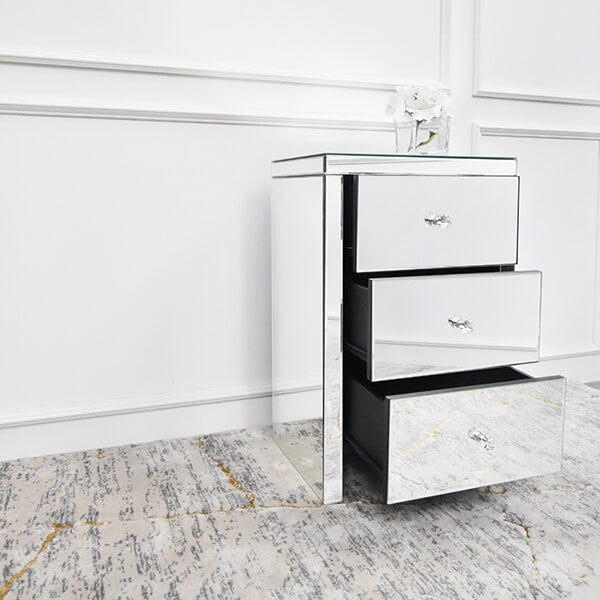 Mirrored Bedstand, 3-drawer storage space opened.