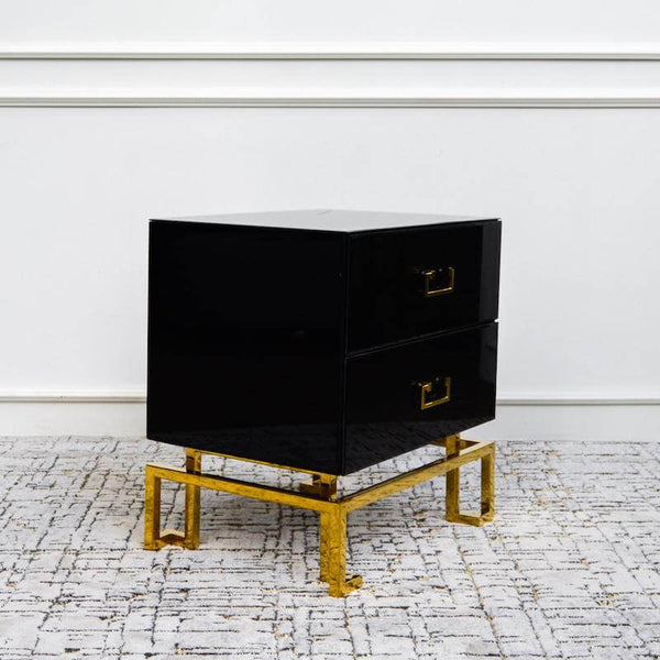 Thierry II 2-Drawer End Table, Black & Gold, Glass.