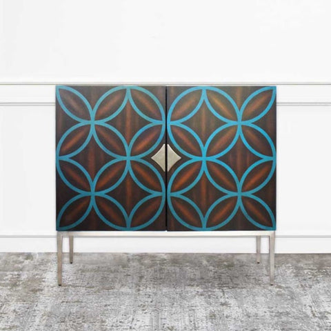 Aimee Cabinet with beautiful detailed hand painted blue circles and walnut veneer finish.