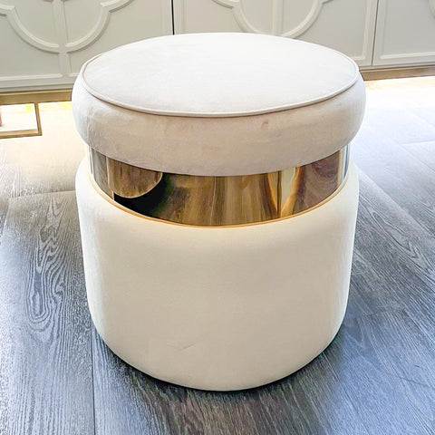 Timeless elegant Alba round ottoman stool with neutral gold details for a modern luxurious look.