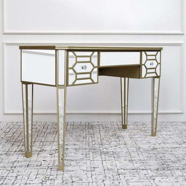 Side view of Vintage Vanity Table, Mirrored, Crystal embellishment on handles.