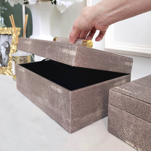 Alcott Faux Leather Box, Snake Skin, Opening of the box on Table Decor Display.