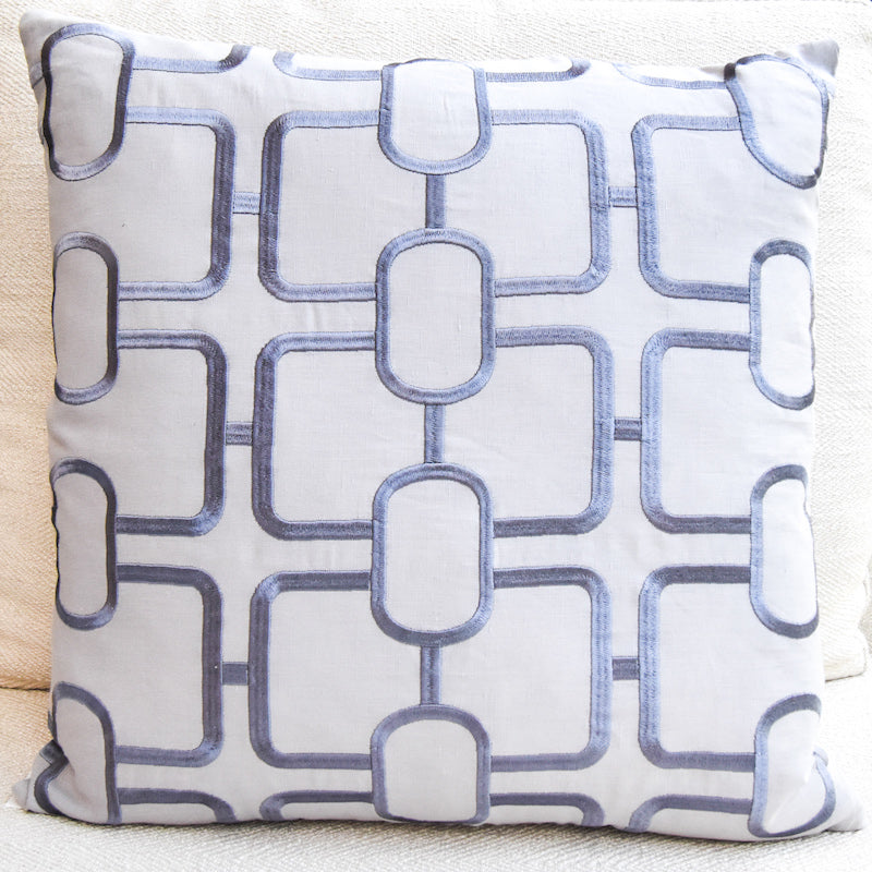 Alexander Wyly Lockhart Light Grey Cushion with geometric embroidery on linen.