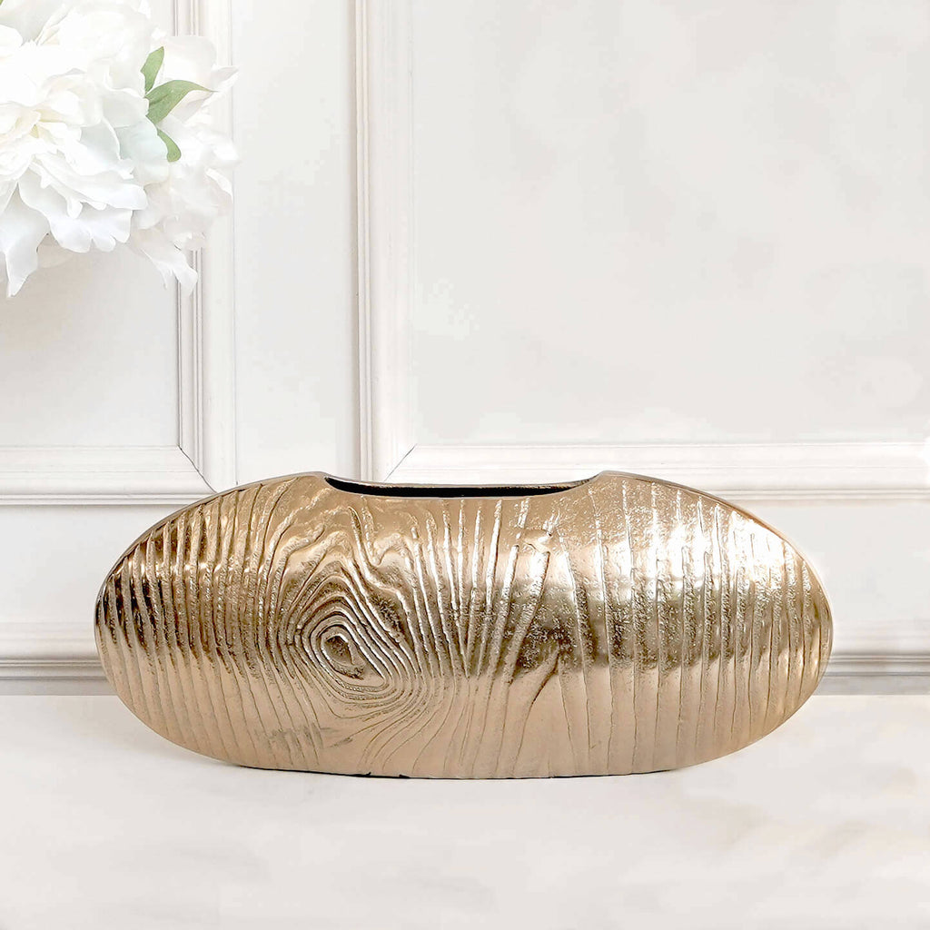 Aragon Gold Oval Disc Vase, Aluminum Vase, Timber texture vase.