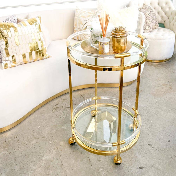 Space saving double shelves, deck the trolleys with decanters and mixing accoutrements.