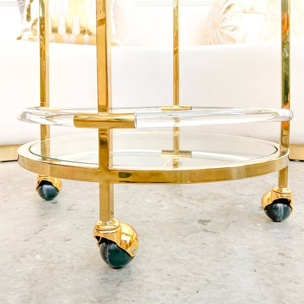 Close up look of the Atelier bar cart trolley rotating wheels.
