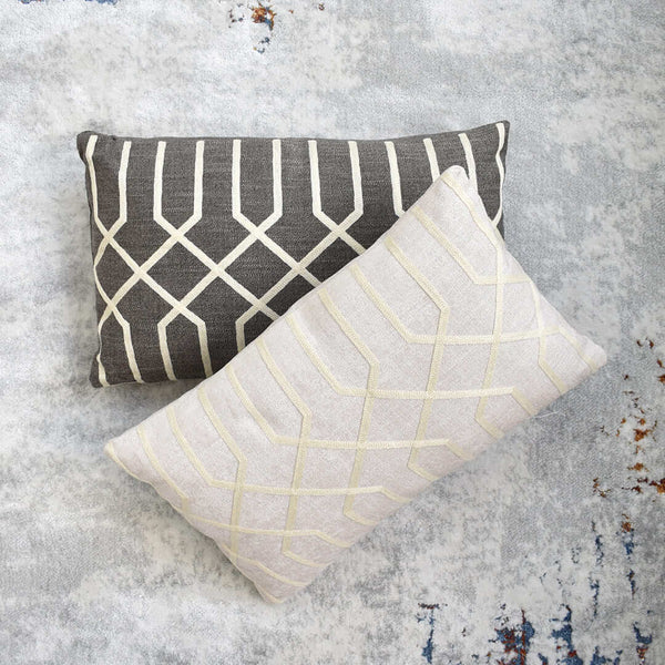 Boudoir cushions, available in Grey and Beige linen with golden beige embroidery.