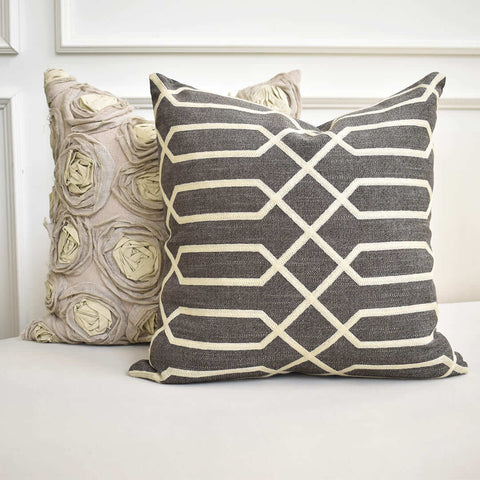 Atticus brown linen cushion, inspired by the great gatsby embroidery detailing.