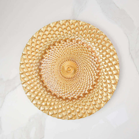 Barbican Gold Glass Charger Dining Ware, scalloped design.