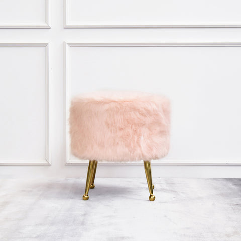 Belluci Pink Fur Gold Stool ottoman, baby pink soft faux fur, polished stainless steel gold feet.