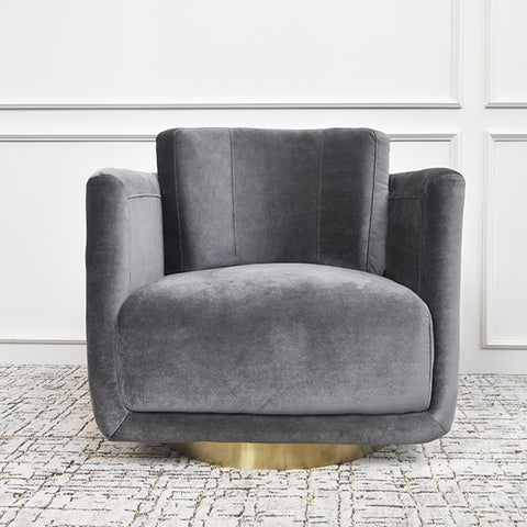 Clyde curved armchair, Smooth Grey Velvet fabric, Brushed gold stainless steel base. 