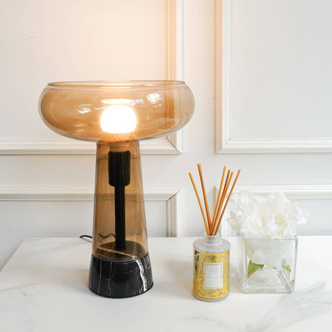 Chevalier Mid-Century Pedestal Table Lamp, tea tinted glass and black cultured marble base.