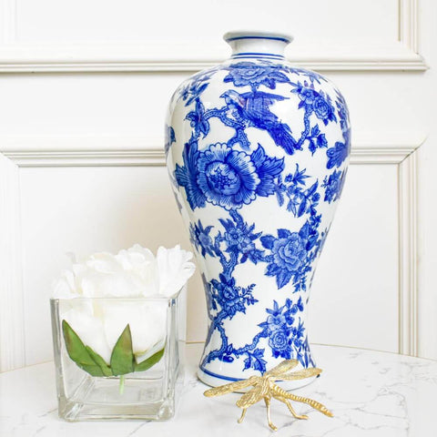 Chinoiserie Ceramic Hourglass Vase, Blue White. Beautiful hourglass silhouette makes a timeless Chinoiserie statement piece.