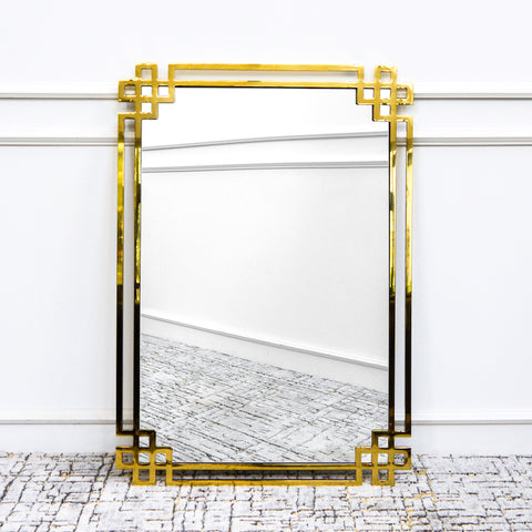 Christophe Gold Greek Wall Mirror. Polished gold mirror with greek key details on each edge of mirror. 