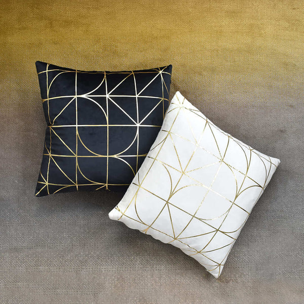 Top view comparison of the black and ivory Chrysler cushion over the Evka sun rug.