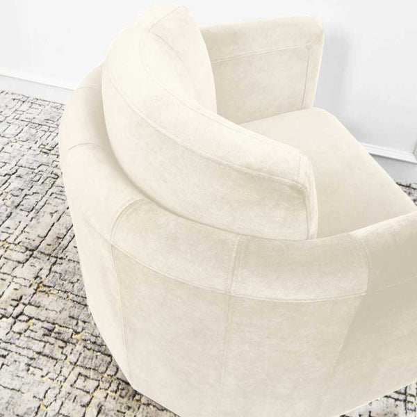 Zoomed in top view of Clyde Curved Velvet Gold Armchair in Creamy ivory fabric.