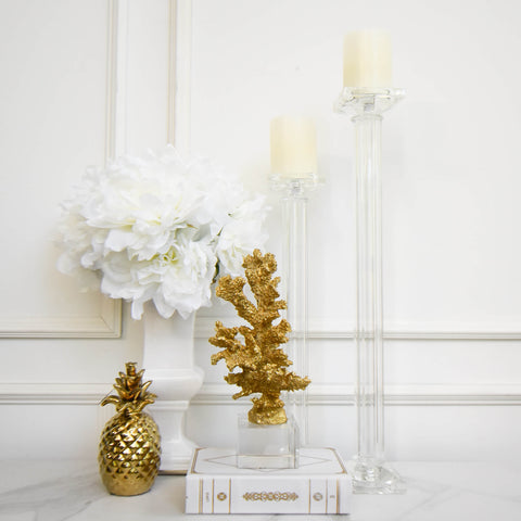 Constance Crystal Pillar Candle Holder in White Gold Decor Ideas for Console Table Entrance Decor.