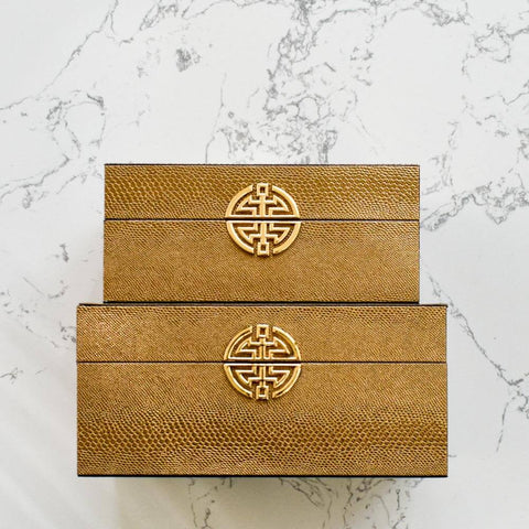 Cosmo Leather Gold Medallion Box, Available in 2 Sizes, Small and Large. Metallic Gold faux leather and gold medallion on lid.
