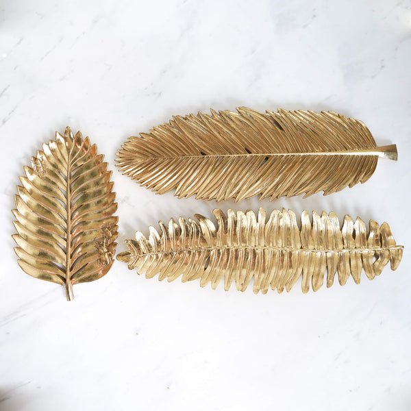 Gold Trays - Sculptured Textured Fern Leaves Trays in Gold Finish .