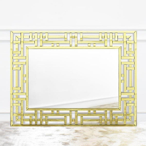 Horizontal view of Desiree gold geometric wall mirror.