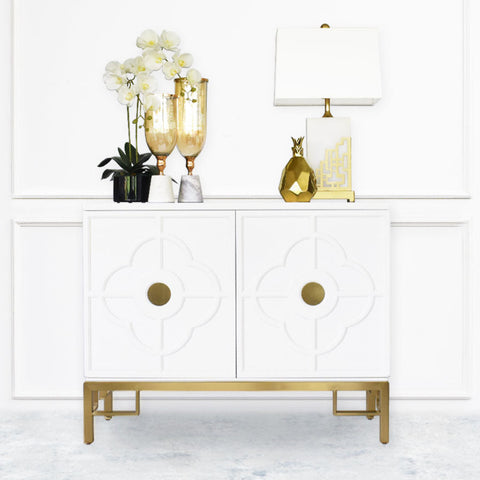 Divine 2 Door Cabinet Sideboard, Ivory White Gold Detailing for Timeless Luxury Entrance Decor or Living Room Console Home Design.