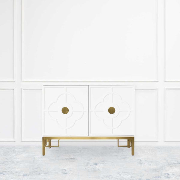 Sleek and clean, the Divine 2 door cabinet has a simple motif on the door paired with brushed stainless steel gold legs and round inner discs.