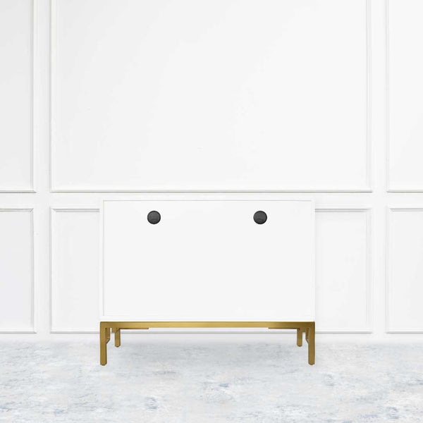 Back view of Ivory Divine Cabinet with stainless steel brushed gold legs. 