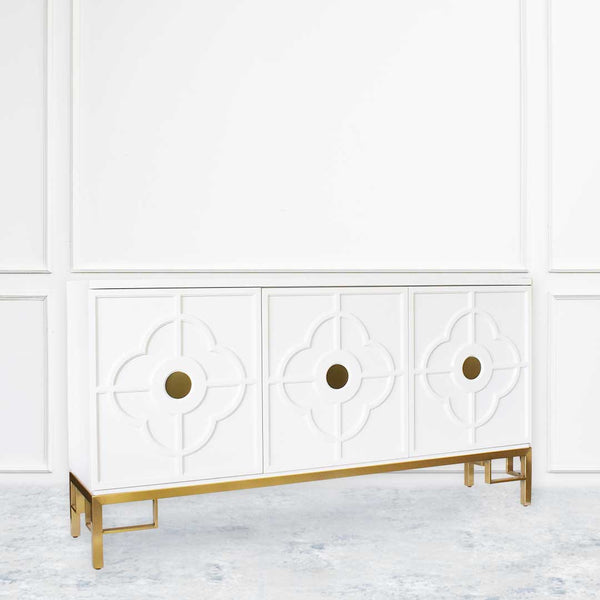 Divine 3 Door Cabinet Sideboard, Ivory White Gold with Shelf Storage for Dining Room Buffet or Living Room Console Design.