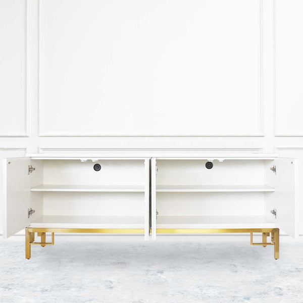 Console cabinet with ample storage area with two grommet holes for cable organising.