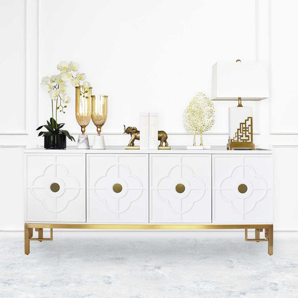 Divine 4 Door TV Console Sideboard, Ivory White Gold Detailing for Modern Luxury Living Room Design Decor.