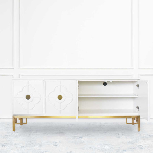 TV console with wide storage compartment and shelving space.