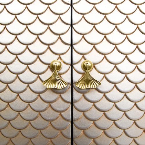 Elize 4 Door Cabinet Sideboard with Champagne Gold Door Details.