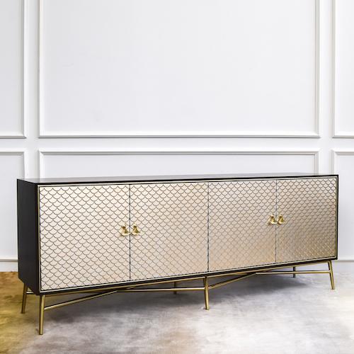 Side view of Elize TV console, Walnut veneer cabinet frame.