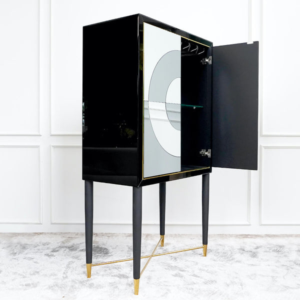 Emile Mirrored Bar Cabinet with Glass Shelf and Stemware Organization, Mirrored Back Lit by LED lighting.