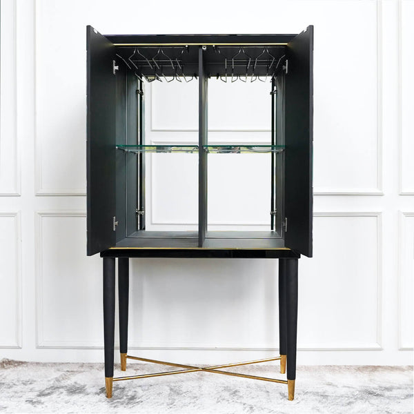 Emile Mirrored 2-Door Bar Cabinet with Glass Shelves and Stemware Organization in a Mirrored Back Sideboard.