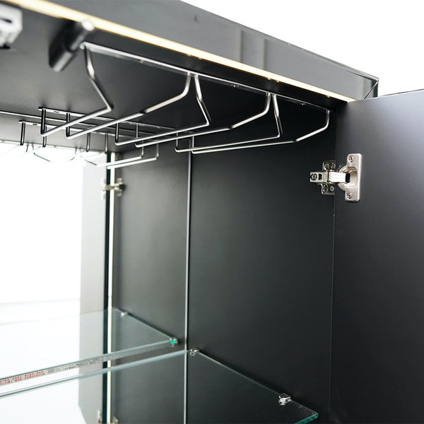 Emile Mirrored Bar Cabinet with Glass Shelf Storage and Stemware Organization in Dining Room Buffet Sideboard.