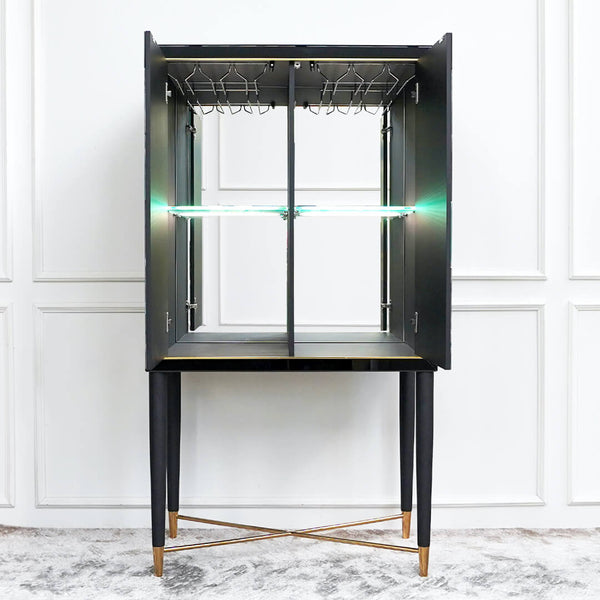 Emile Mirrored Bar Cabinet Tall Buffet with Glass Shelf Storage with LED Lighting and Wine Glass Organiser.